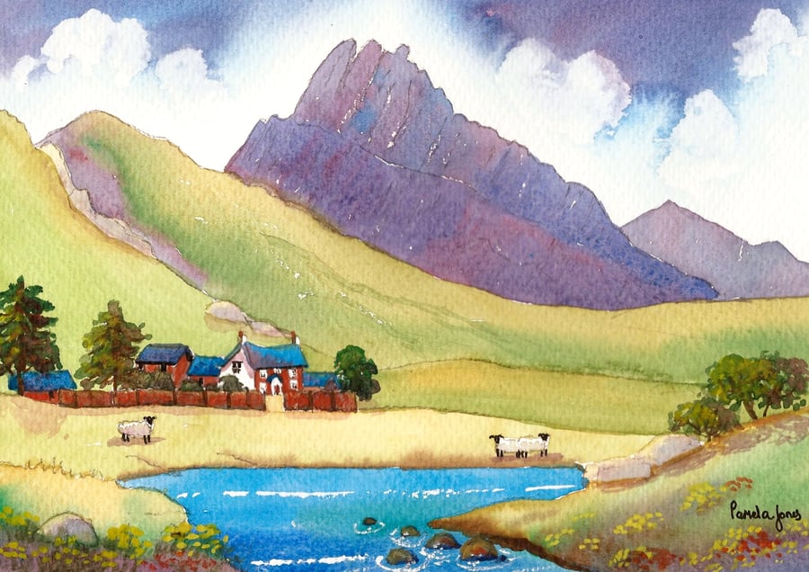 Tryfan Cottage, North Wales - Watercolour Print in 9 x 7'' Mount