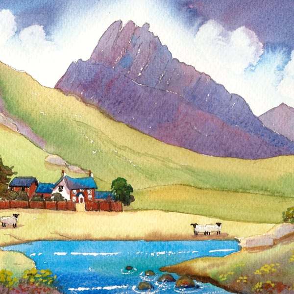 Tryfan Cottage, North Wales - Watercolour Print in 9 x 7'' Mount