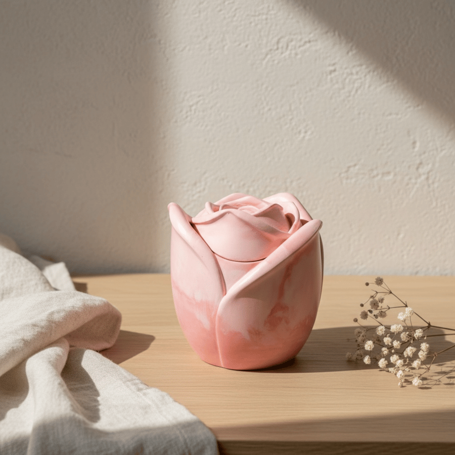 Pink marbled trinket pot with rose lid - handmade jewellery box or keepsake pot