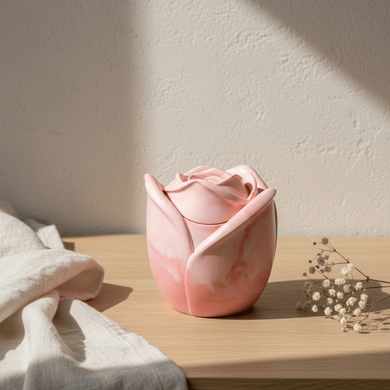 Pink marbled trinket pot with rose lid - handmade jewellery box or keepsake pot