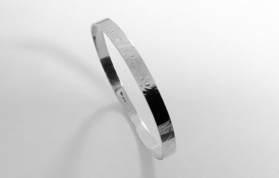 Sterling Silver Round Bangle Imprinted with Floral Motif,  B48