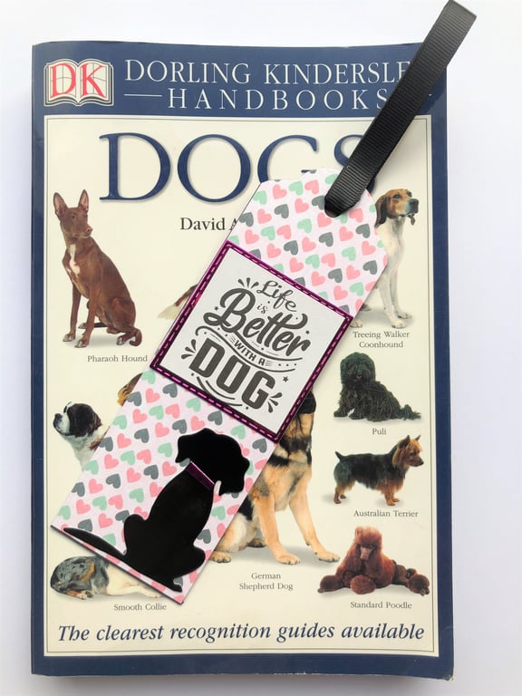 Handmade Dog Bookmark: Pink Hearts, Black Silhouette & Ribbon Tassel