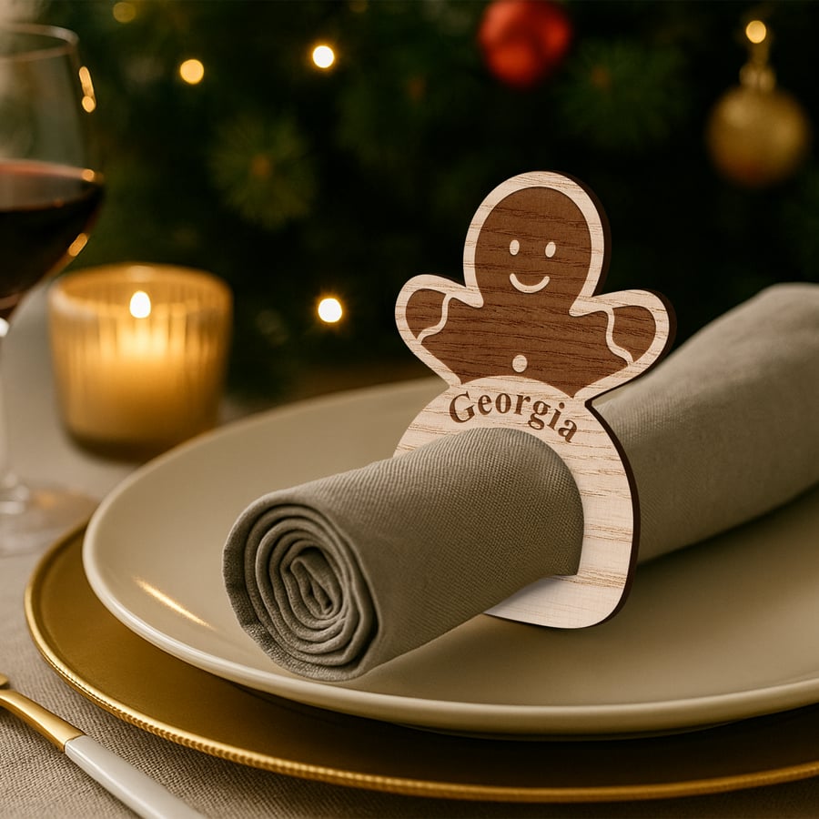 Personalised Wooden Gingerbread Napkin Ring: Custom Christmas Name Place Setting