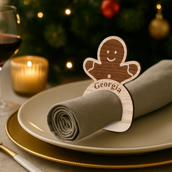 Personalised Wooden Gingerbread Napkin Ring: Custom Christmas Name Place Setting