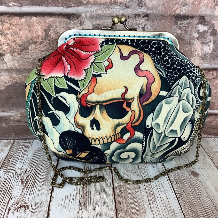 Gothic oriental skull snakes small fabric frame clutch makeup bag handbag purse