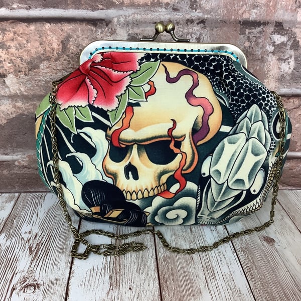Gothic oriental skull snakes small fabric frame clutch makeup bag handbag purse