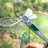 Stained  Glass Dragonfly Stake - Handmade - Plant Pot Decoration - Petrol Blue