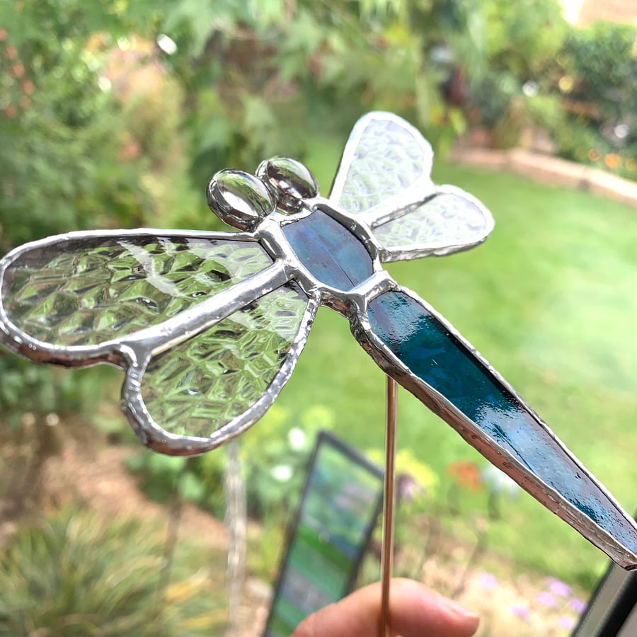 Stained  Glass Dragonfly Stake - Handmade - Plant Pot Decoration - Petrol Blue