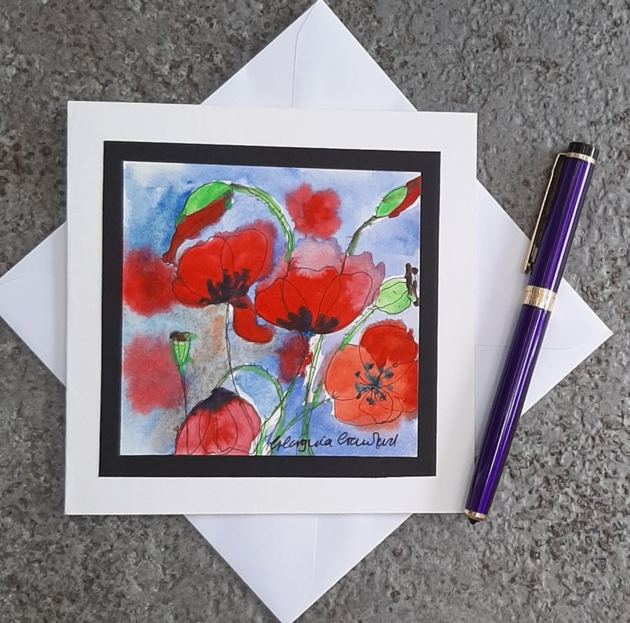 Handpainted Blank Card. Red Poppies