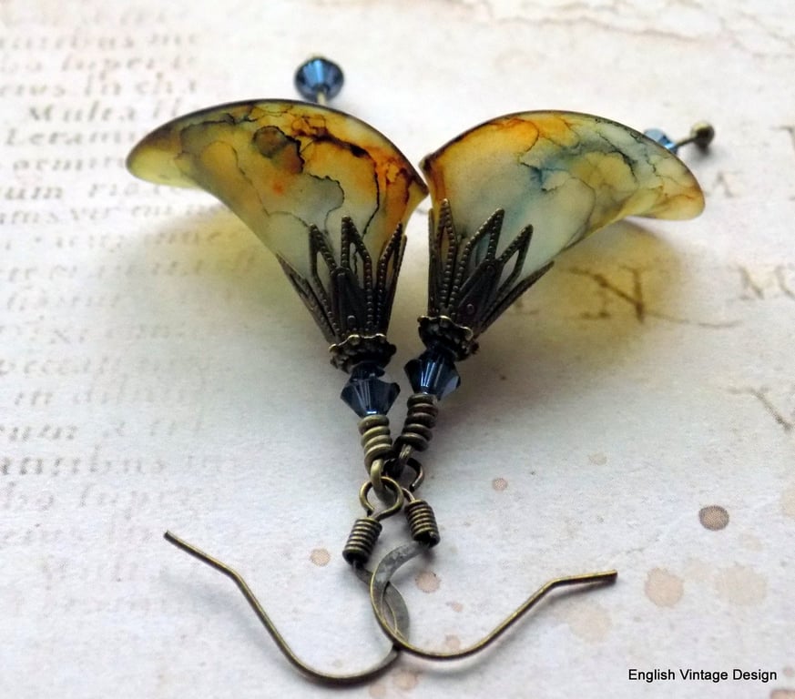 Dark Blue and Coffee Hand Painted Lucite Flower Earrings, Floral Calla Lilies