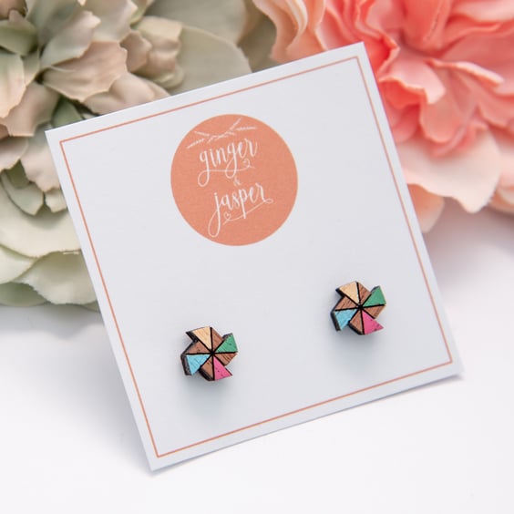 Hand Painted Wooden Windmill Earrings, Bright Coloured Pinwheel Studs