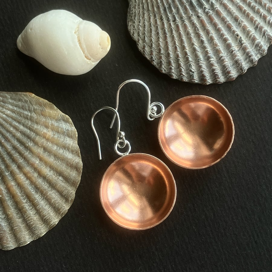 Copper bowl dangle earrings with sterling silver hooks.