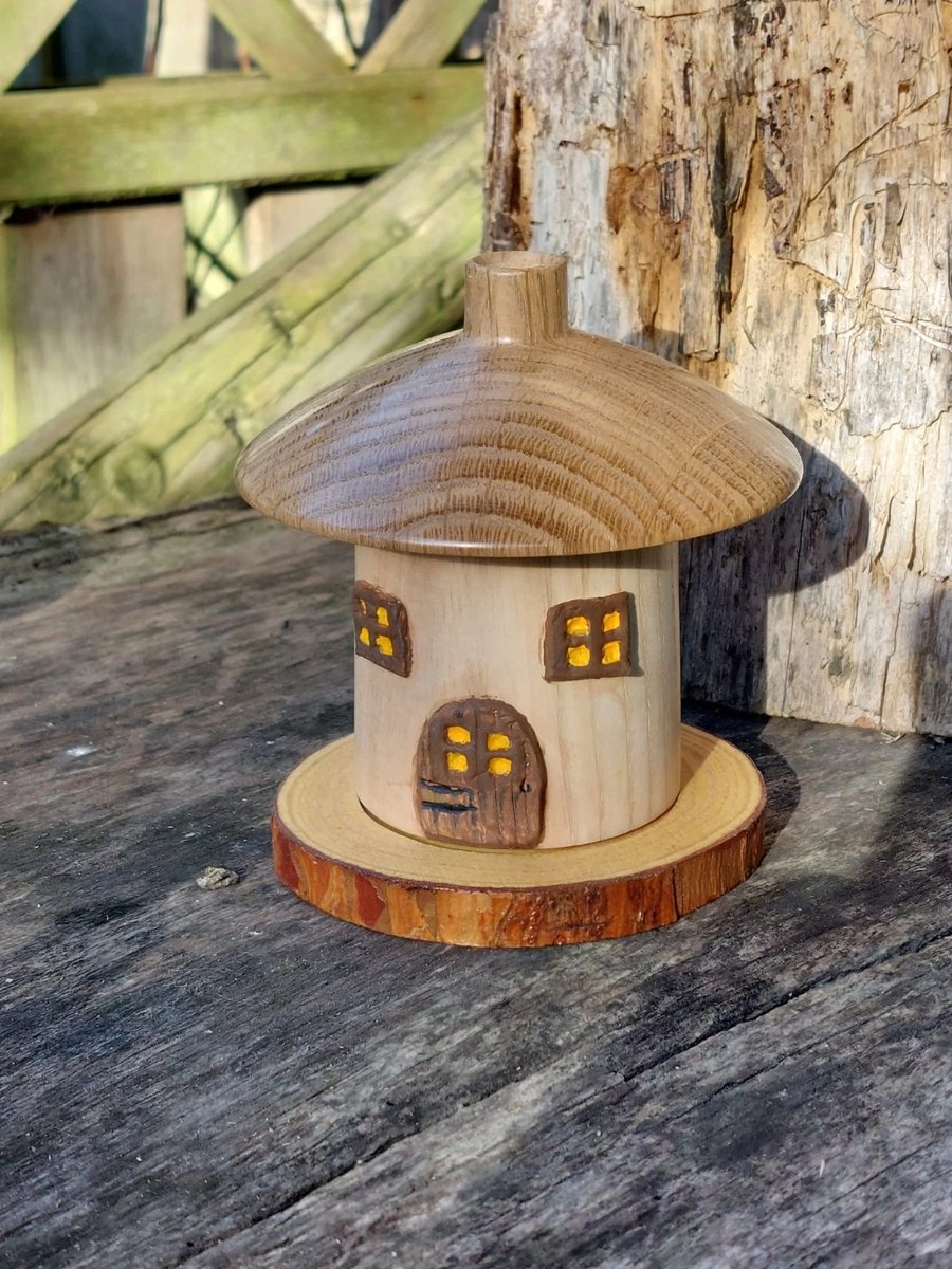 Quirky Hand crafted Wood turned Fairy Toadstool Cottage Incense Burner and cones