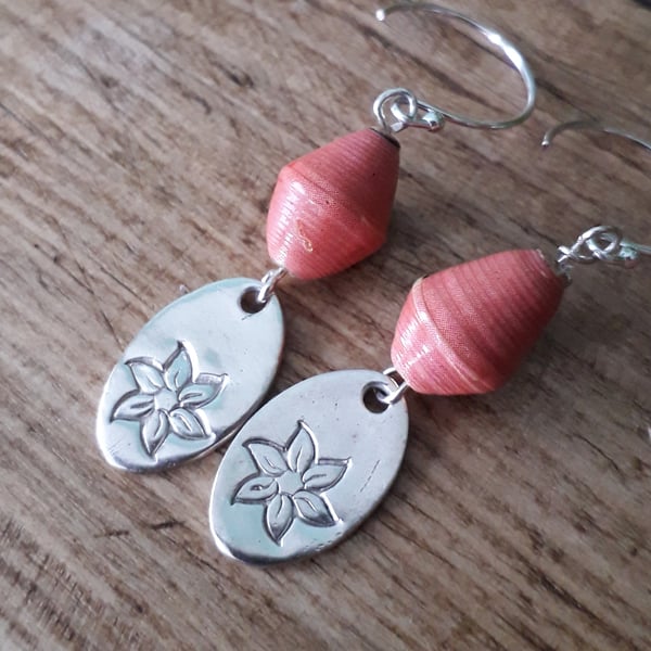 Recycled Paper Bead Flower Earrings Silver