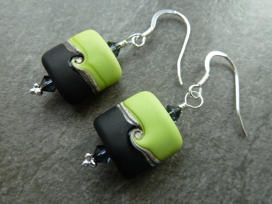 green and black lampwork glass earrings