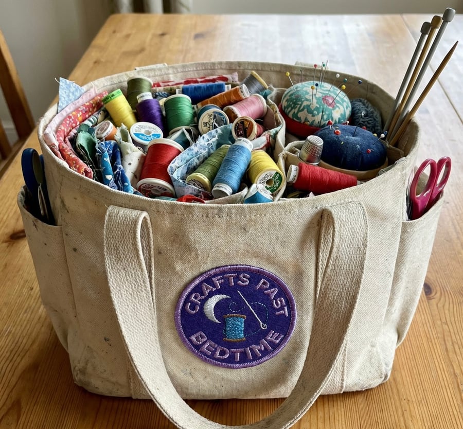 “Crafts Past Bedtime” Embroidered Patch Moon & Thread Sewing Badge for Crafter