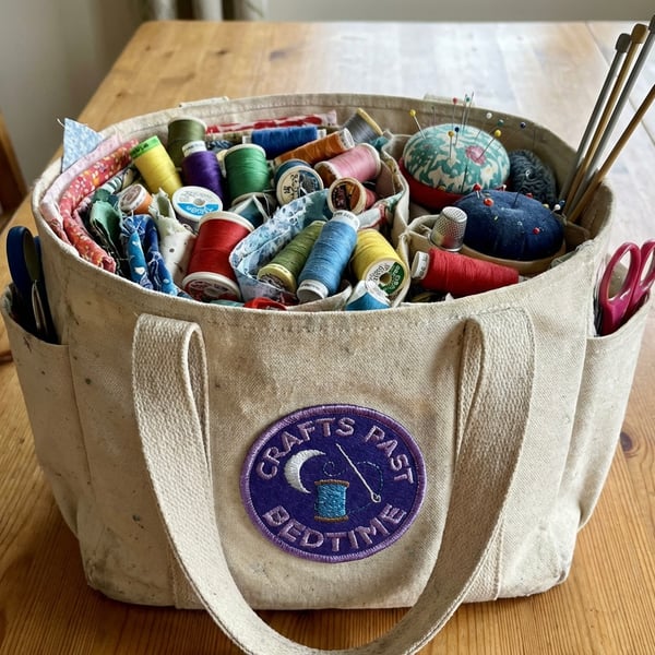 “Crafts Past Bedtime” Embroidered Patch Moon & Thread Sewing Badge for Crafter