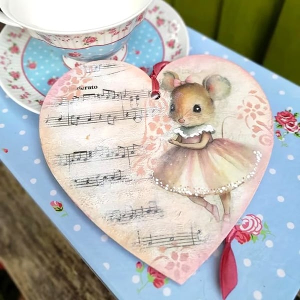 Wooden Ballerina Mouse Heart Ornament - Pink Nursery Decor - Musical Note Shabby