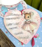 Wooden Ballerina Mouse Heart Ornament - Pink Nursery Decor - Musical Note Shabby