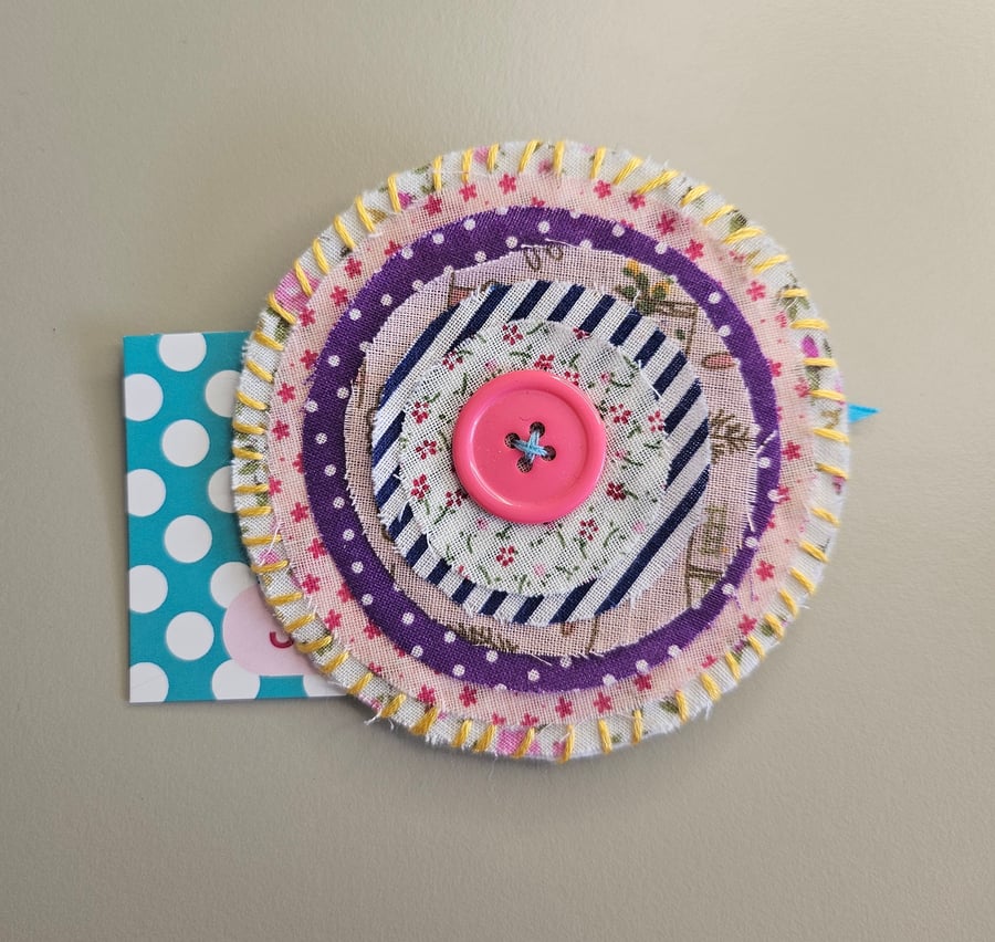 Pink ditsy rustic material brooch 