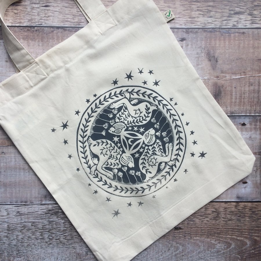 'Three Hares' Screen Printed Organic Cotton Tote Bag