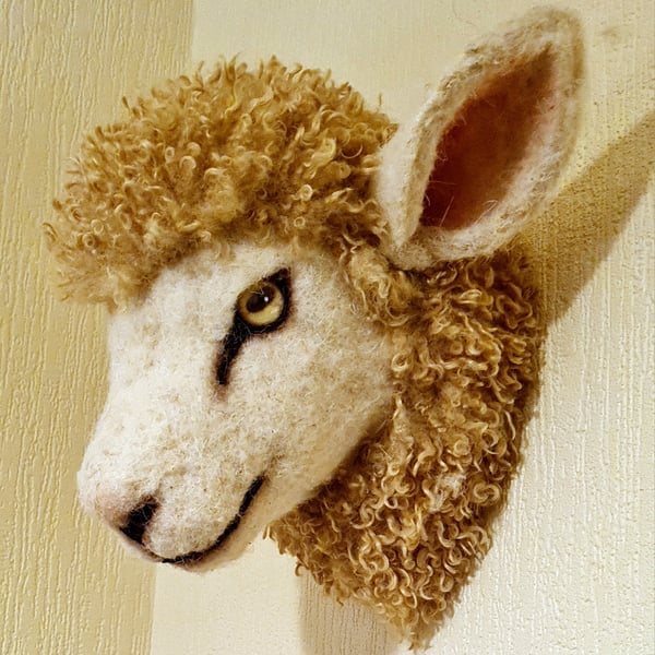 Lifesize  needle felted  and hand stitched faux sheep head 