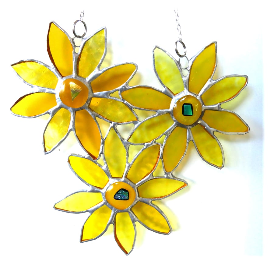 Sunflower Stained Glass Suncatcher Trio of Flowers Handmade Yellow