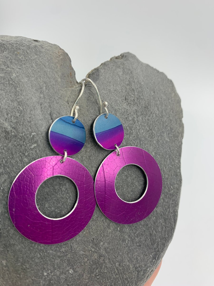 Dark pink and turquoise hoop and circle statement aluminium earrings 