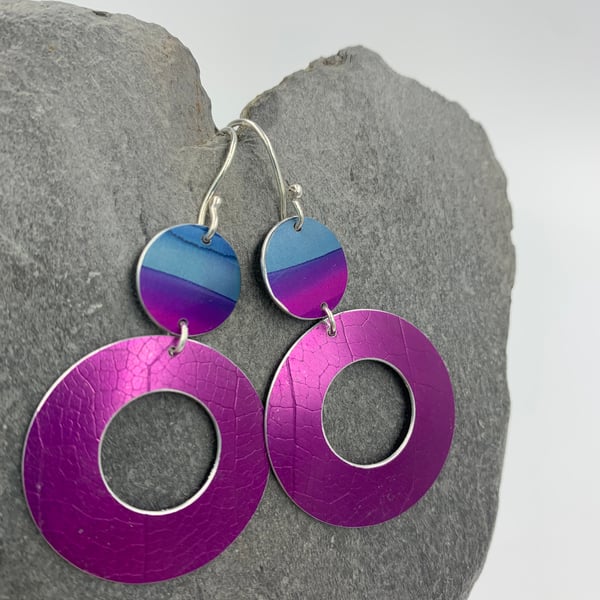 Dark pink and turquoise hoop and circle statement aluminium earrings 