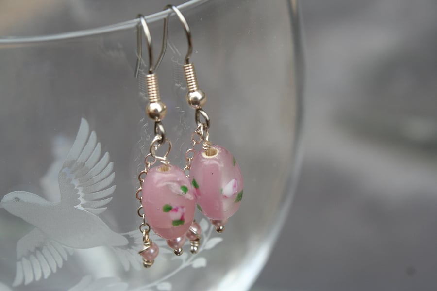 Pretty pink glass and pearl earrings