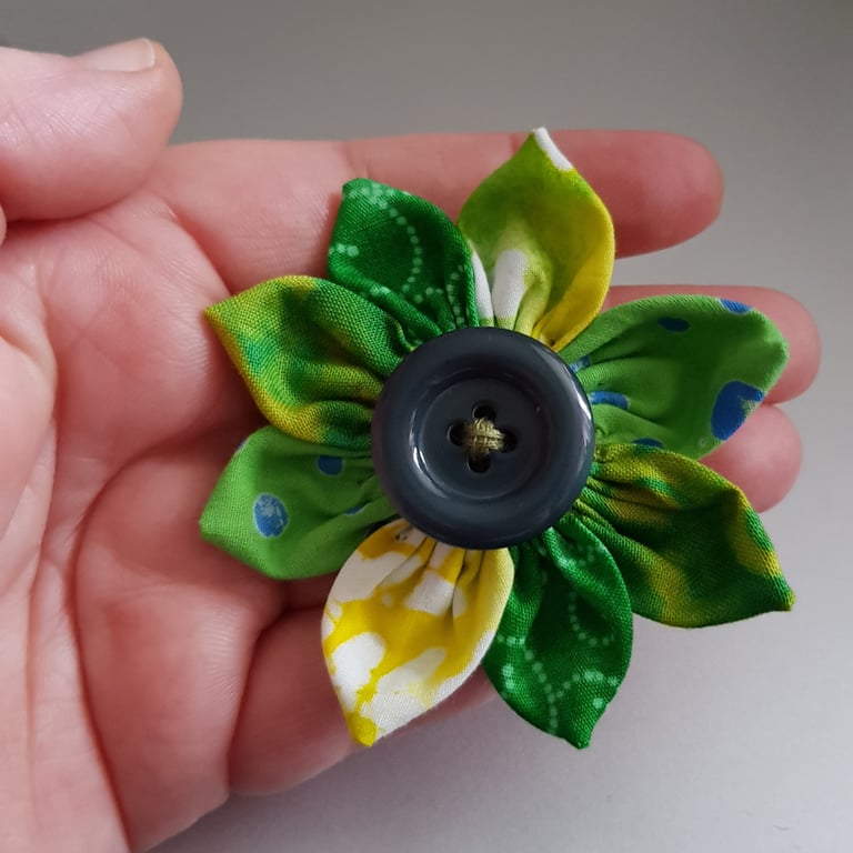 Green Fabric Flower Brooch with Black Button - Colourful Floral Pin