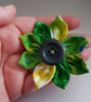 Green Fabric Flower Brooch with Black Button - Colourful Floral Pin