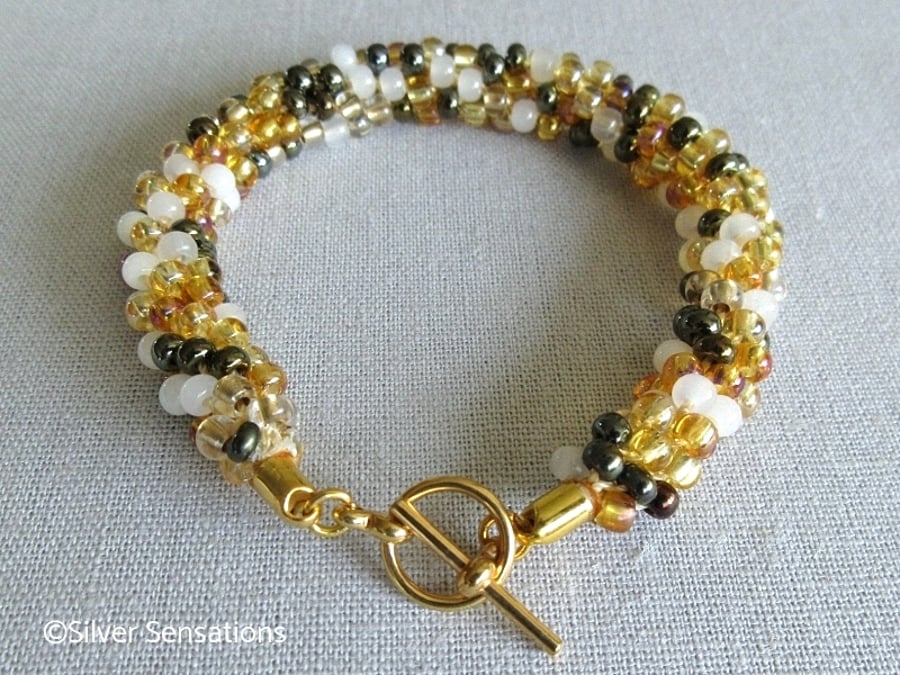 Yellow & White Mix Kumihimo Seed Bead Fashion Bracelet Gift For Her
