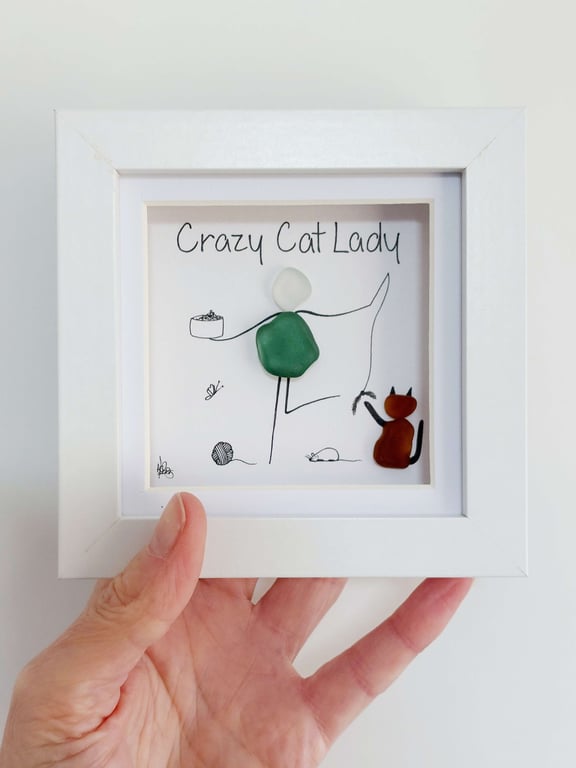 Crazy Cat Lady - Sea Glass Cat Art for Friend, Unique Gift for Cat Lover