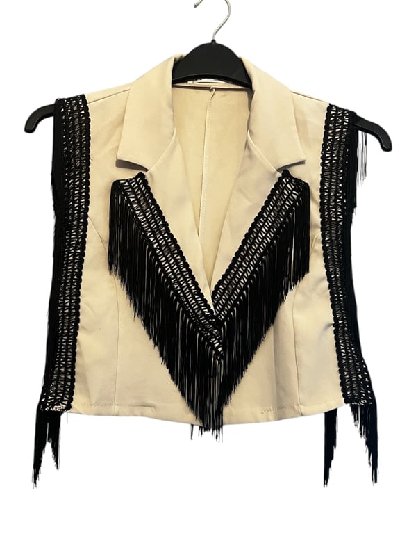 One of a Kind Upcycled Boho Fringed Capelet in Cream and Blackm