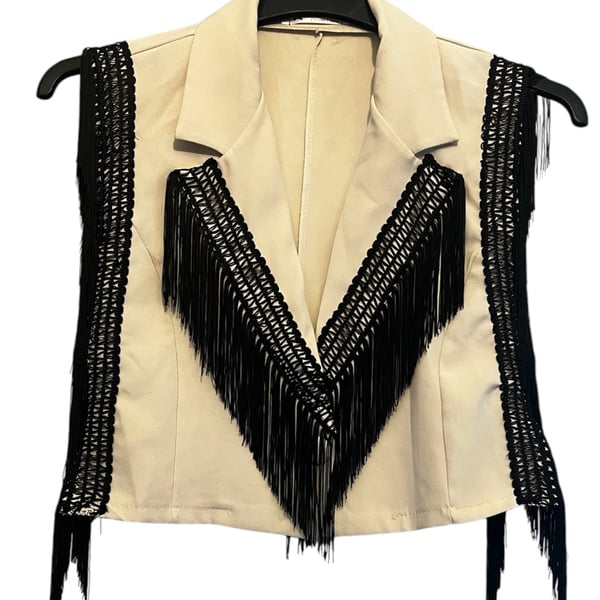 One of a Kind Upcycled Boho Fringed Capelet in Cream and Blackm