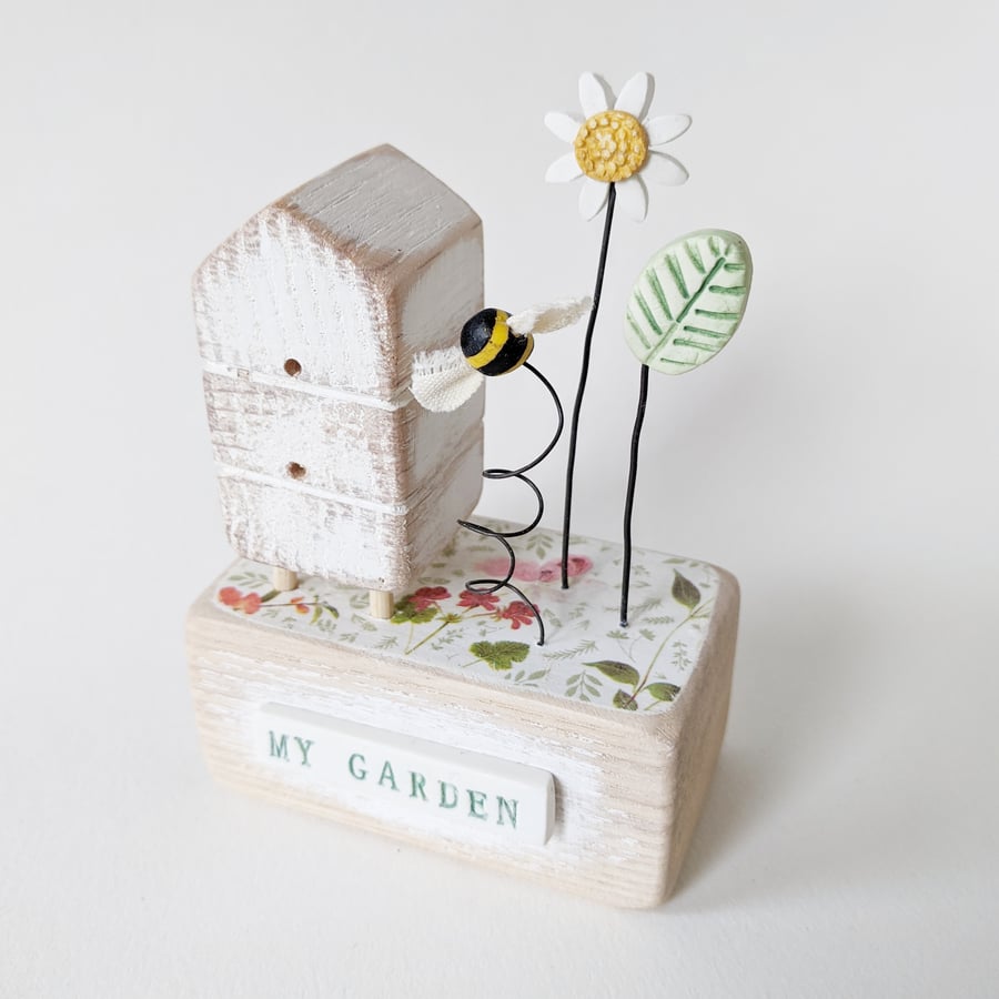 Wooden Beehive With Clay Flower and Bee 'Happy Home'