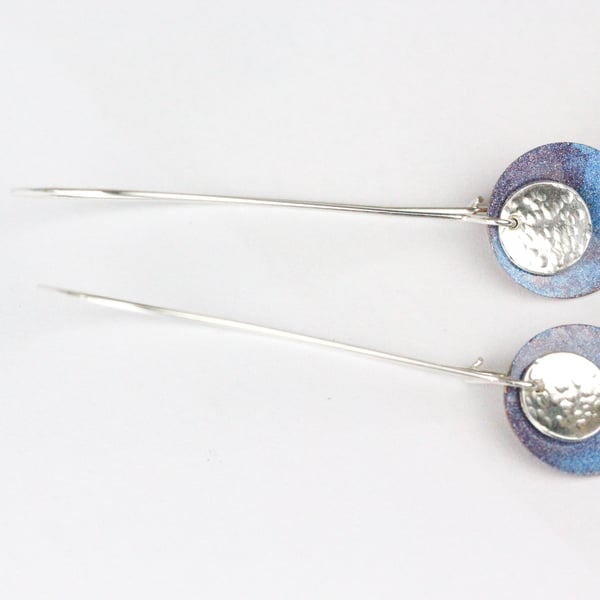 Long sterling silver hoop earrings with galaxy coloured discs