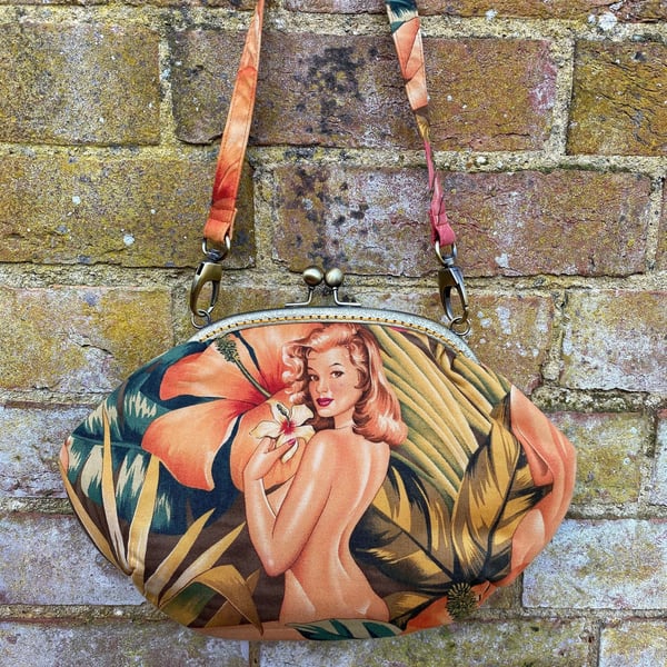 50s Burlesque glamour girls medium fabric frame clutch handbag Kiss clasp