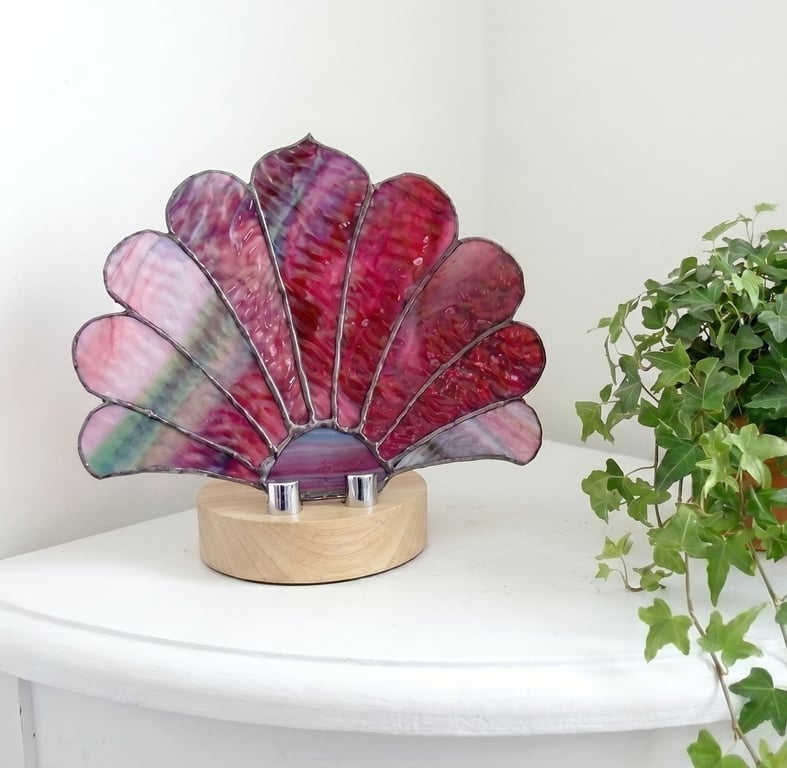 Cranberry Stained Glass Fan Lamp with solid wood base fully wired.