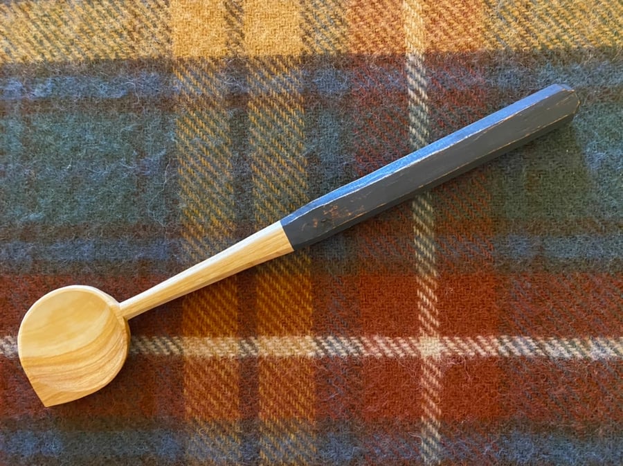 Cherry Wood Cooking Spoon- with Dark Blue Handle.