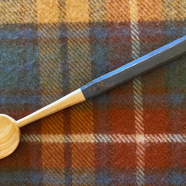Cherry Wood Cooking Spoon- with Dark Blue Handle.