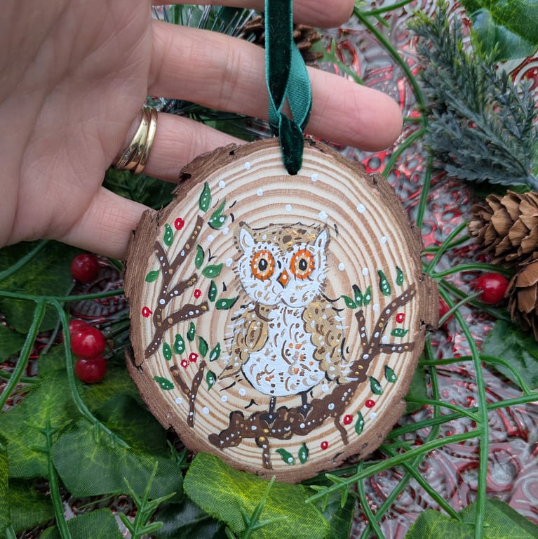 Owl hand-painted Christmas log slice decoration 