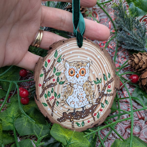 Owl hand-painted Christmas log slice decoration 