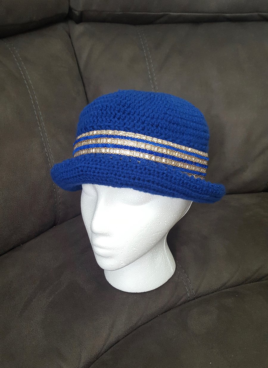 Handmade crochet UNISEX , blue bucket hat with blue and golden Indian braid. 