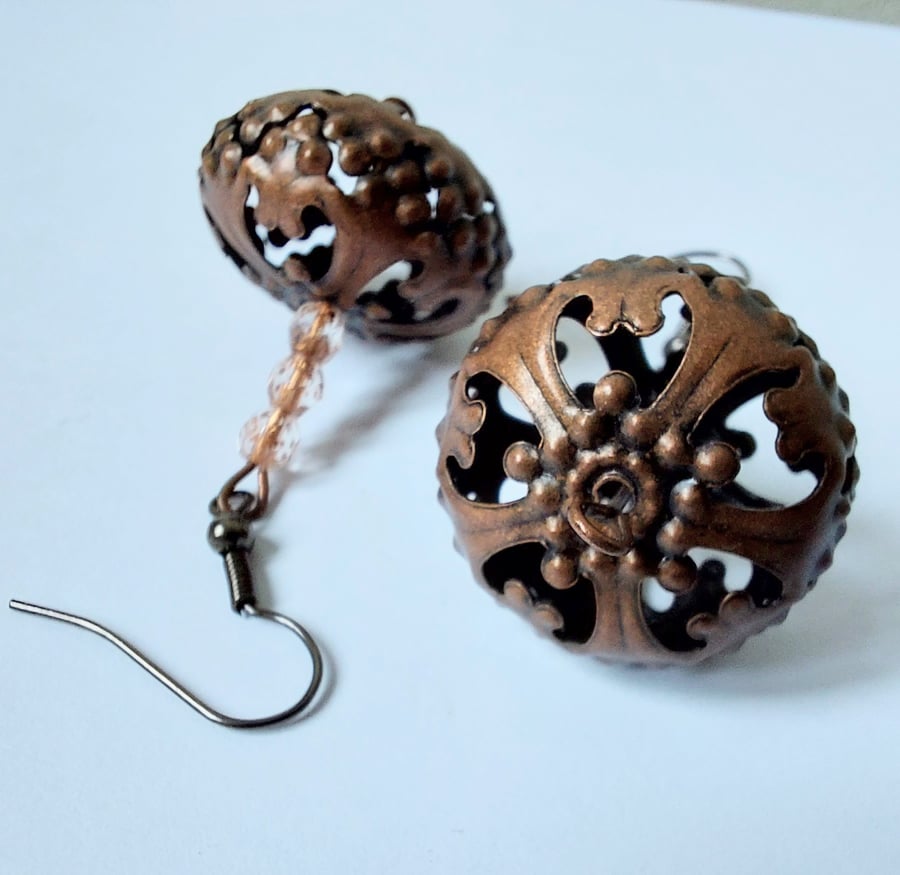 Dangle earrings with coppertone filigree beads and crystal bicone beads 