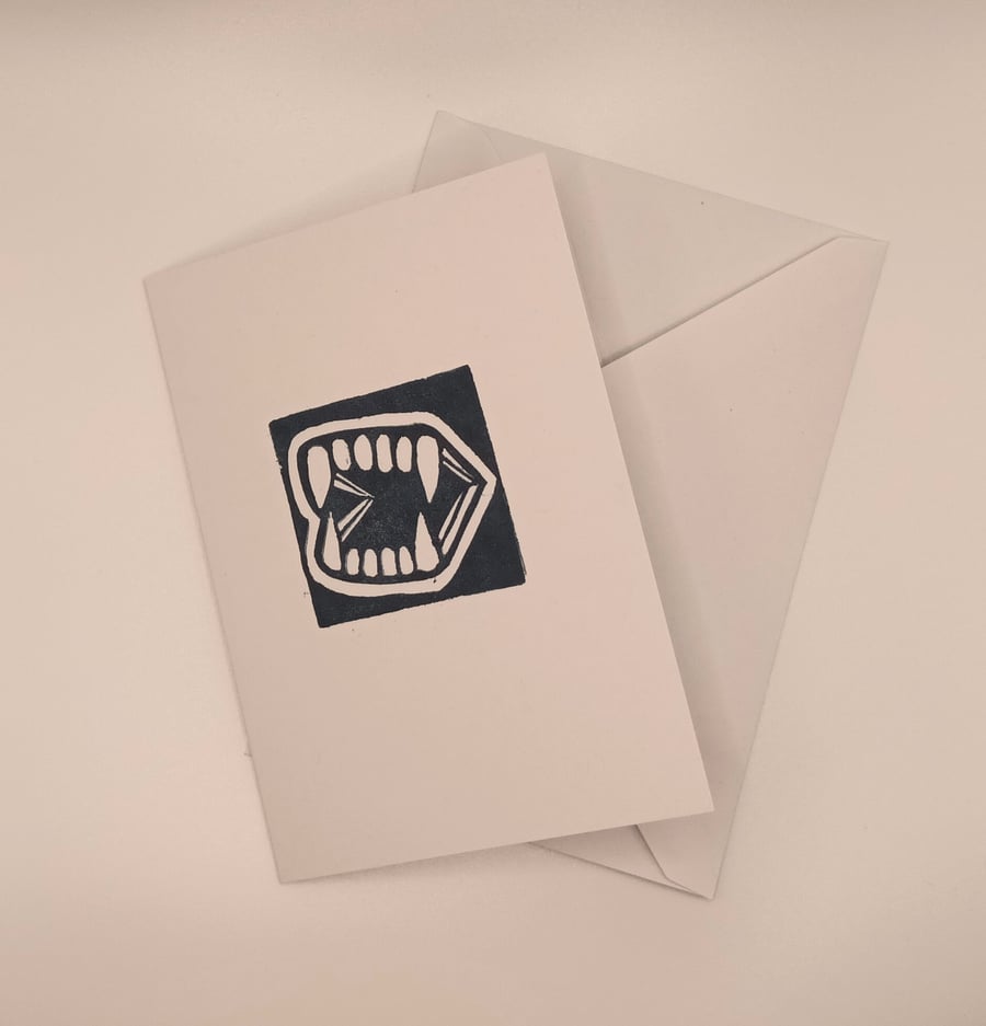 Image of A6 Card & Envelope, Vampire Fangs linocut, hand printed