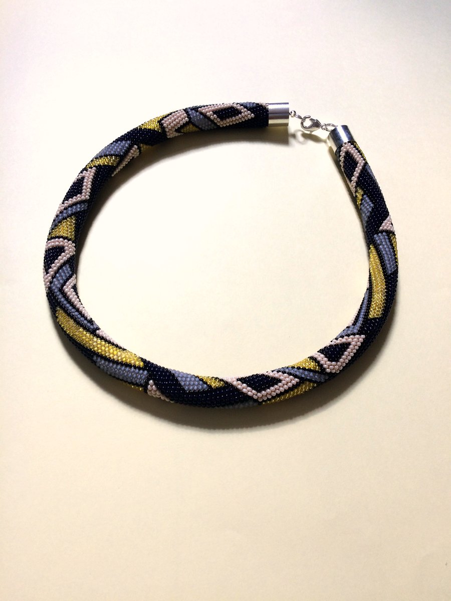 FREE SHIPPING Crochet Seed Bead Rope Necklace Yellow Blue White Geometrical