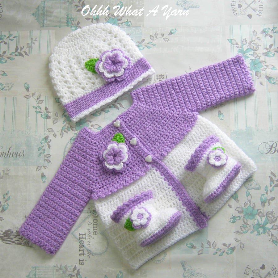 Crochet baby set, layette.  Lilac and white cardigan, hat and boots set 0-3 mths