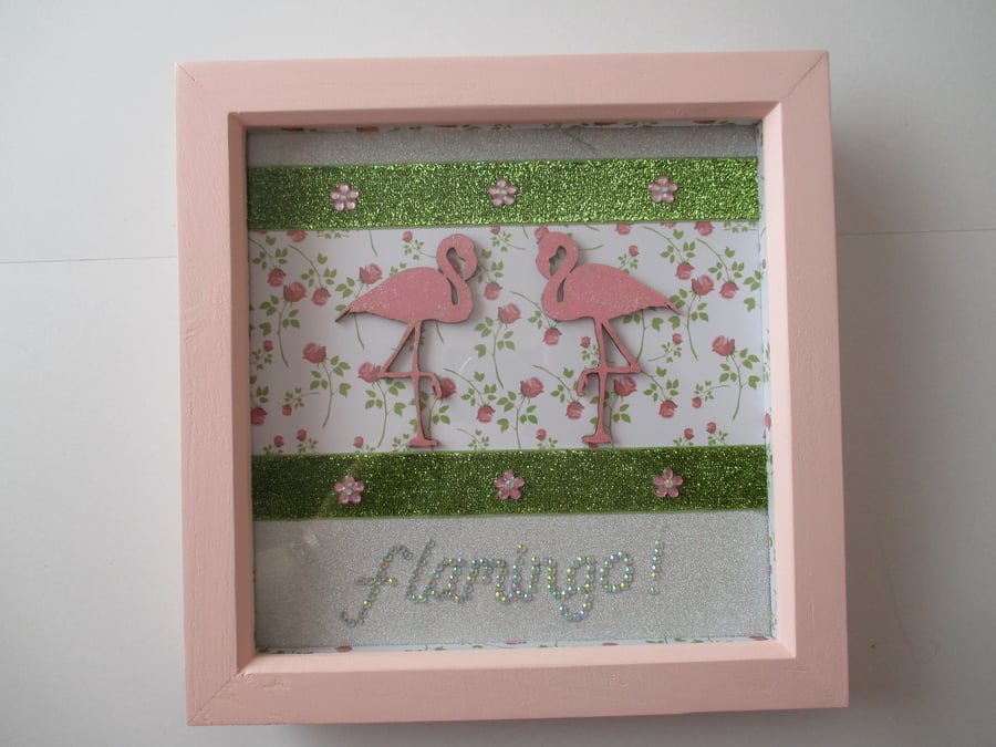 SALE Flamingo Box Frame Mixed Media Picture Sparkly Glittery Pink Green Collage